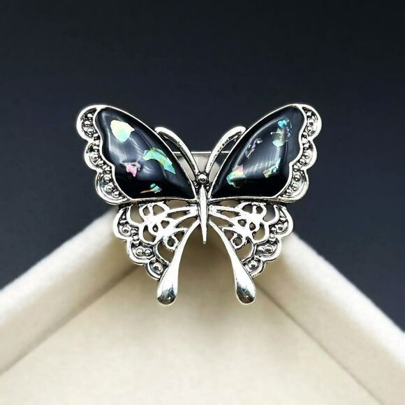 Silver with Embedded Shell and Black Enamel Butterfly Pin Back Brooch - Picture 2 of 7
